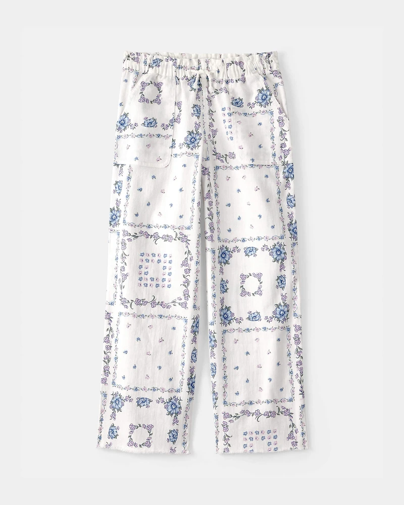Girls Bandana Floral Drawstring Pants - Blue/Ivory