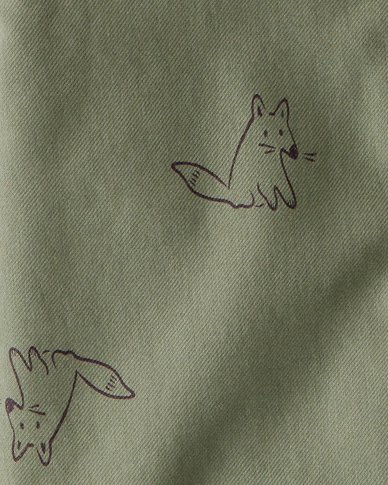 Toddler Boy Racoon Print Cotton Long-Sleeve Hooded Button-Down Shirt - Green