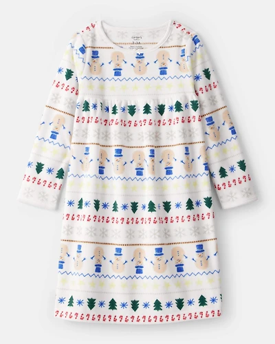 Girls Snowman Fair Isle Fleece Long-Sleeve Loose Fit Night Gown - White