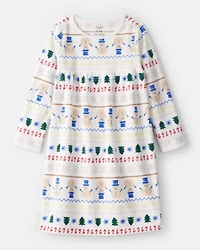 Girls Snowman Fair Isle Fleece Long-Sleeve Loose Fit Night Gown - White