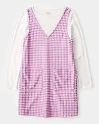 Girls 2-Piece Long-Sleeve Tee & Plaid Dress Set - White/Pink