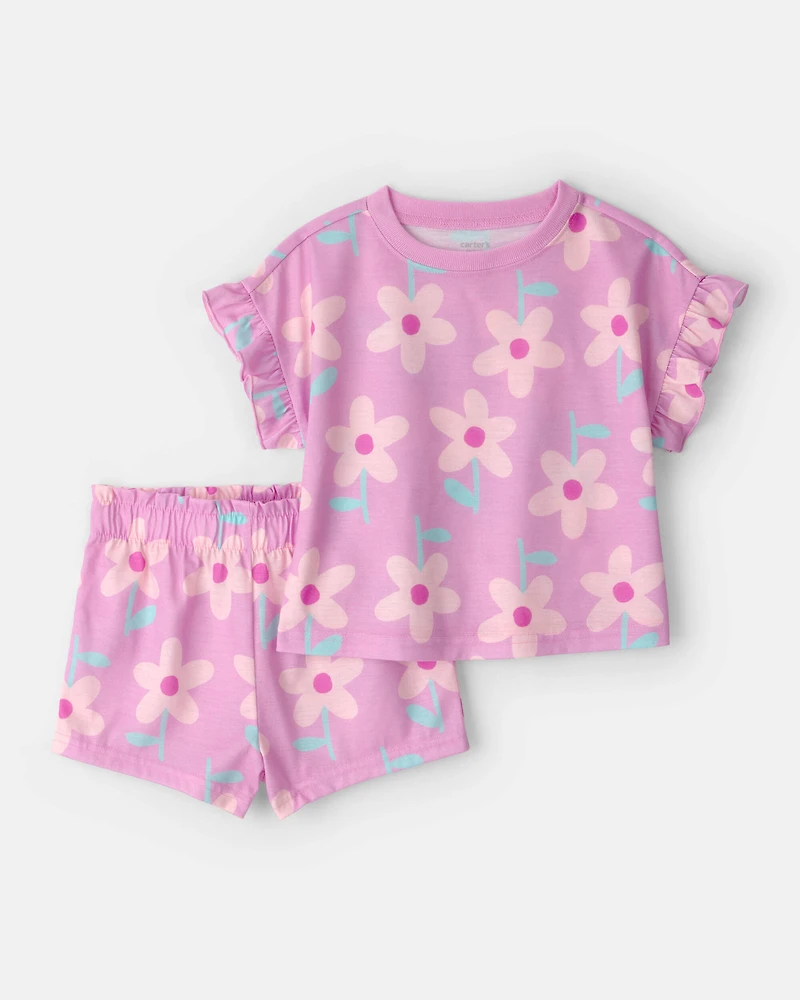 Toddler Girl Floral Short-Sleeve Loose Fit 2-Piece Pajama Set - Pink