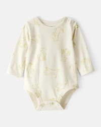 Baby Boy Dog Print Cotton Long-Sleeve Fashion Bodysuit - Ivory