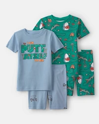 Toddler Boy Shark Golf 100% Cotton Short-Sleeve Snug Fit 4-Piece Pajama Set - Blue/Green
