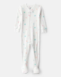 Baby Girl Heart Cotton Snug Fit 2-Way Zip Footie 1-Piece Pajamas - White
