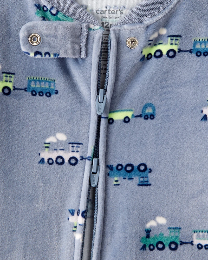 Baby Boy Train DreamPlush Long-Sleeve Snug Fit 1-Piece Pajamas - Blue/Grey