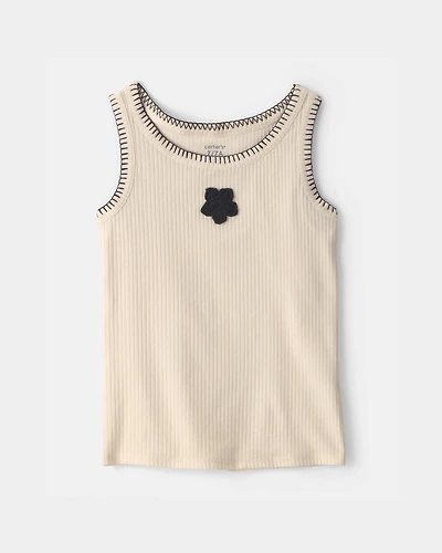 Girls Flower Embroidered Rib Tank Top - Ivory