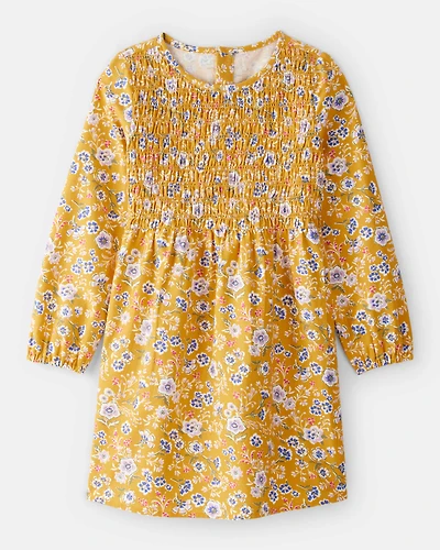 Girls Smocked Floral Long-Sleeve Dress - Yellow