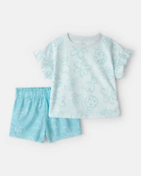 Toddler Girl Floral Ladybug Short-Sleeve Loose Fit 2-Piece Pajama Set - Blue