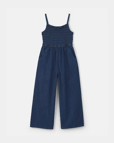 Girls Smocked Denim Wide-Leg Jumpsuit - Dark Wash