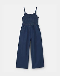 Girls Smocked Denim Wide-Leg Jumpsuit - Dark Wash