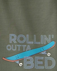 Boys 2-Piece Skateboard Short-Sleeve Loose Fit 2-Piece Pajama Set - Blue/Green