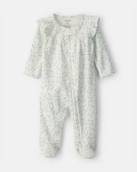 Baby Girl Floral 2-Way Zip 100% Cotton Sleep & Play Pajama - Green/Ivory