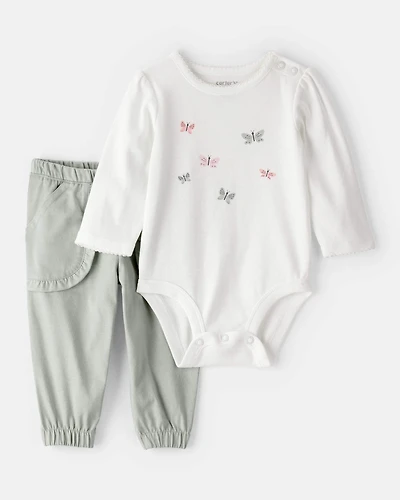 Baby Girl 2-Piece Butterfly Bodysuit & Pant Set - Green/White