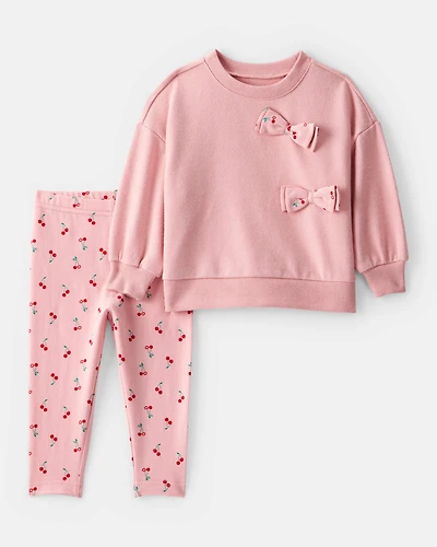 Baby Girl Cherry Bow French Terry Sweatshirt & Pant Set - Pink
