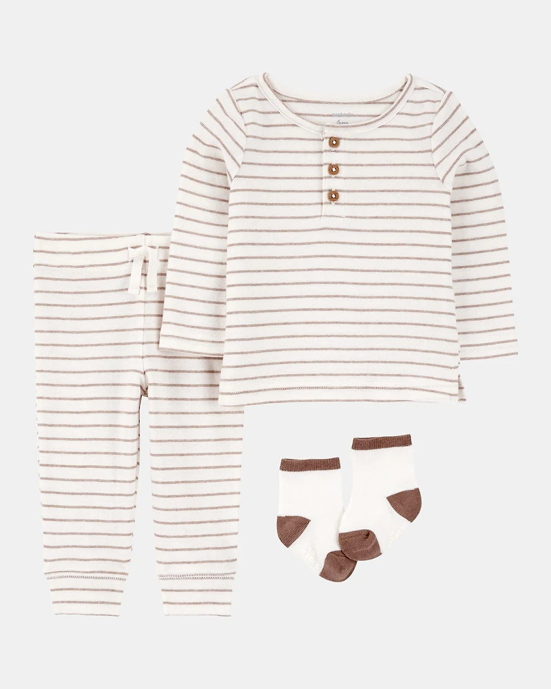 Baby 3-Piece Striped Tee & Pant Set - Ivory
