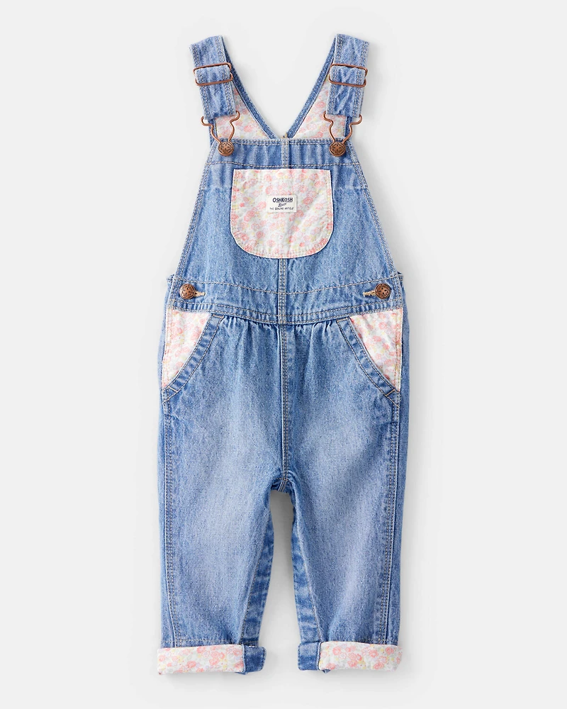 Baby Girl Floral Patchwork Denim Overalls - Blue