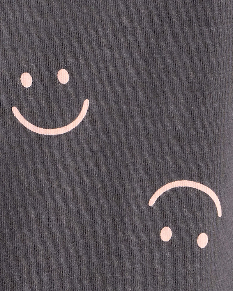 Girls Smiley Face Print Cotton Pull-On Stretch Leggings - Black