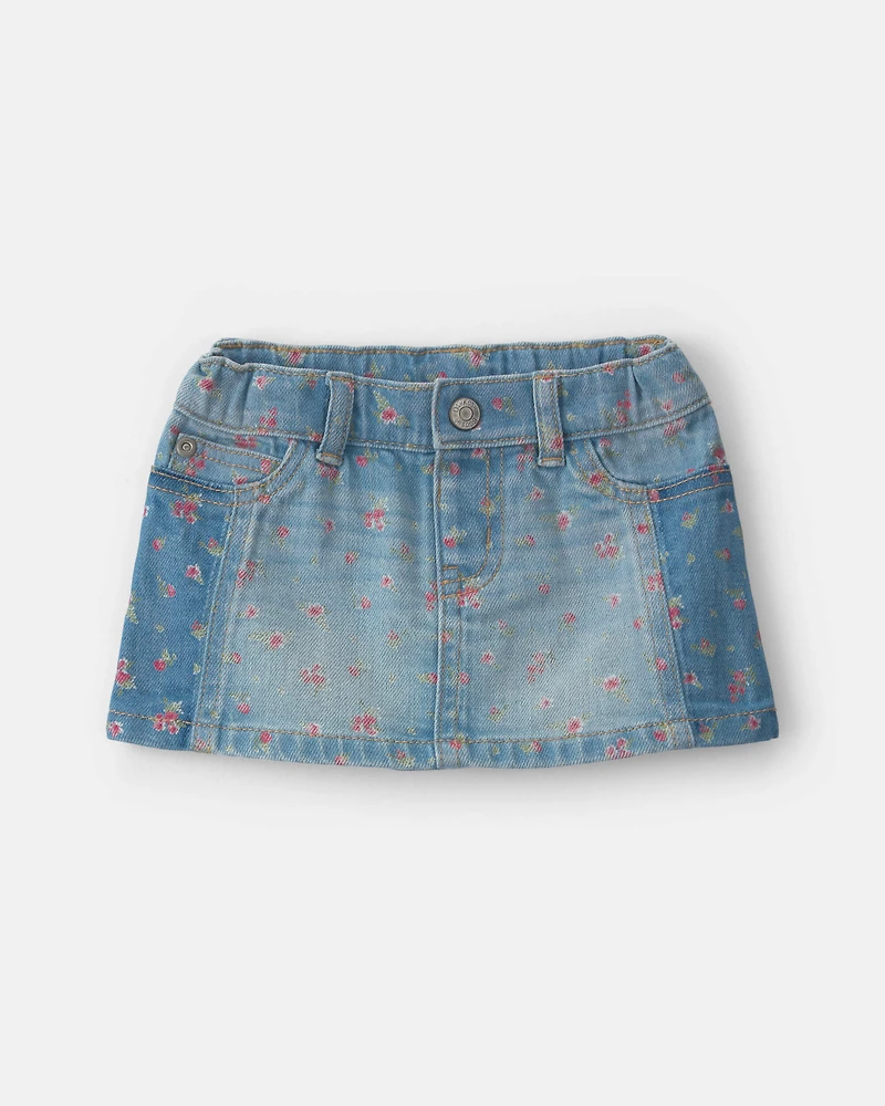 Baby Girl Floral Denim Skirt - Light Wash