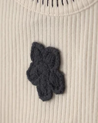 Girls Flower Embroidered Rib Tank Top - Ivory