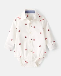 Baby Boy Train Print Button-Down Fashion Bodysuit - White