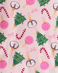 Girls Pink Ornaments 100% Cotton Long-Sleeve Snug Fit 2-Piece Pajamas - Pink