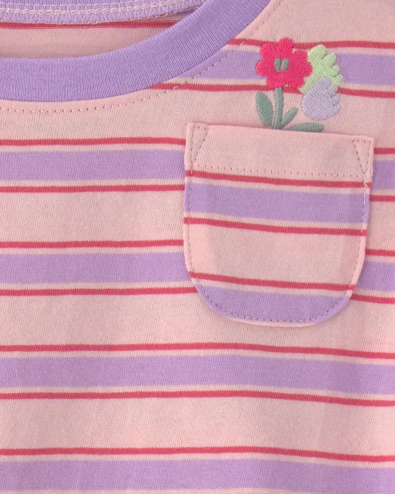 Baby Girl Flower Striped Short-Sleeve Top - Pink/Purple