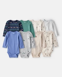 Baby Boy 8-Pack Long-Sleeve Multipack Bodysuits - Blue/Brown/Grey