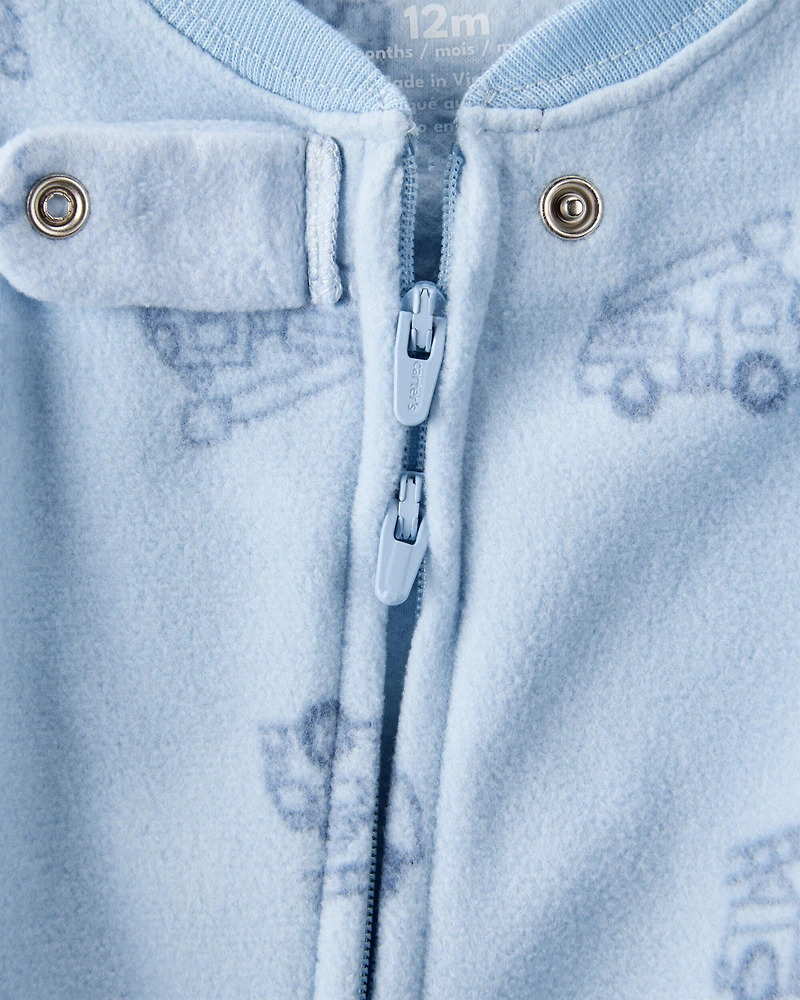 Baby Boy Firetruck Print Loose Fit Long-Sleeve 2-Way Zip 1-Piece Pajamas - Blue