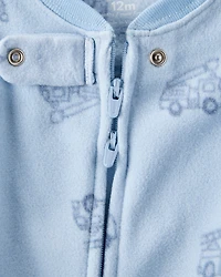 Baby Boy Firetruck Print Loose Fit Long-Sleeve 2-Way Zip 1-Piece Pajamas - Blue