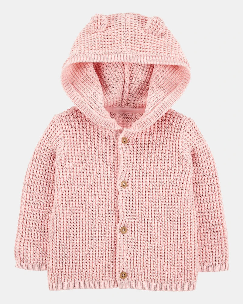Baby Hooded Waffle Knit Cardigan - Pink