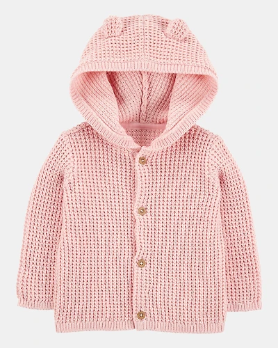 Baby Hooded Waffle Knit Cardigan - Pink