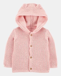 Baby Hooded Waffle Knit Cardigan - Pink