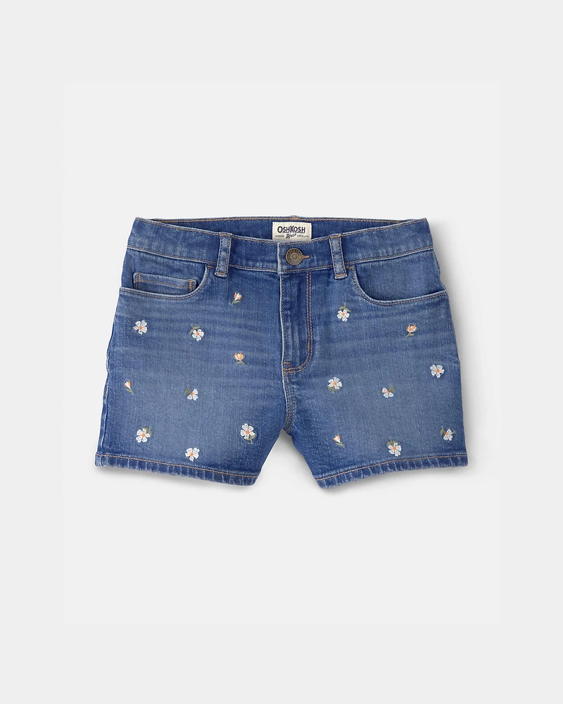 Girls Floral Denim Embroidered Shorts - Medium Wash