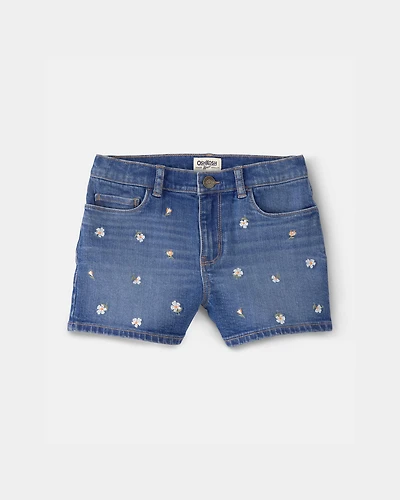 Girls Floral Denim Embroidered Shorts - Medium Wash