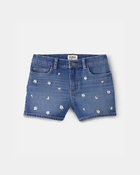 Girls Floral Denim Embroidered Shorts - Medium Wash