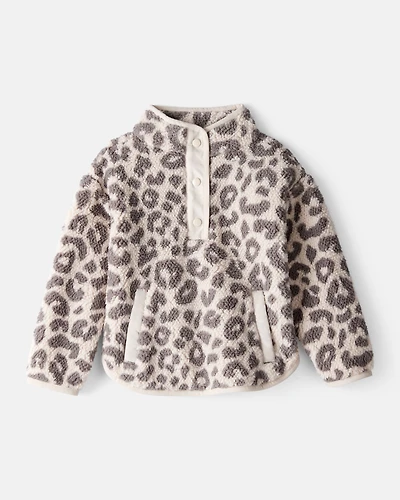 Toddler Girl Cheetah Sherpa Quarter-Snap Pullover - Brown