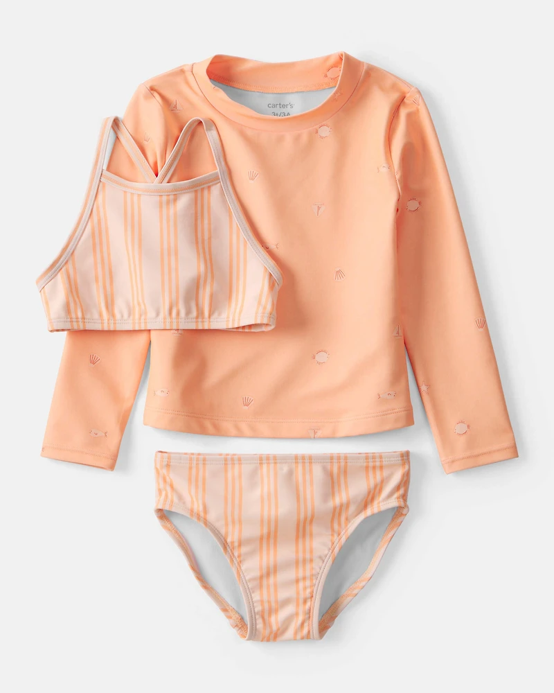 Toddler Girl 3-Piece Striped Rashguard Swimsuit Set - Orange