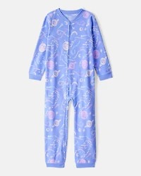 Girls Space Print Loose Fit Long-Sleeve Zip-Up 1-Piece Pajamas - Blue