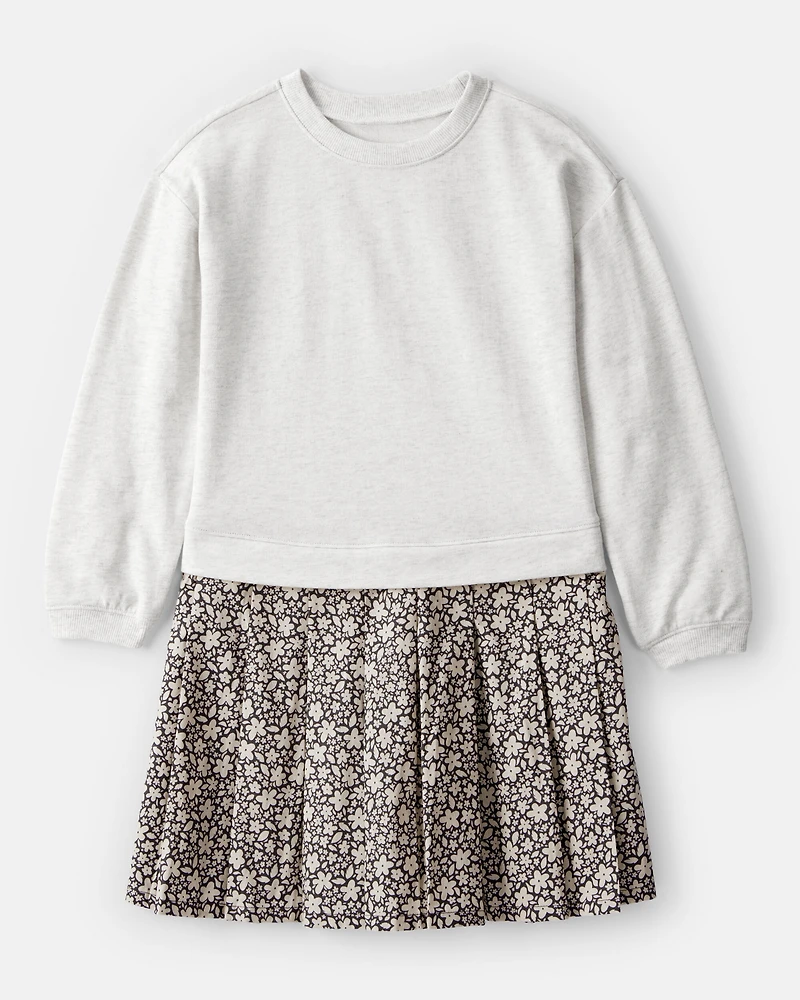 Girls Floral Sweatshirt Dress - Grey/Green