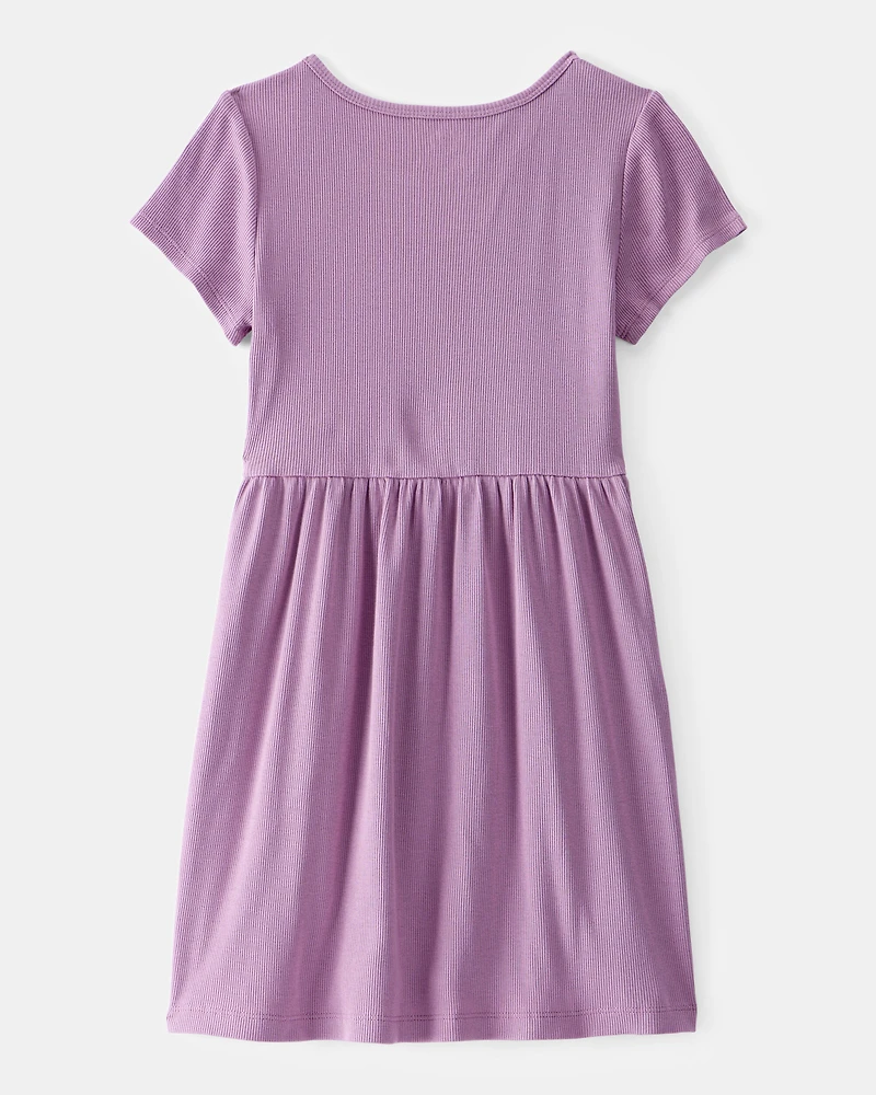 Girls Ribbed Short-Sleeve Dress - Purple