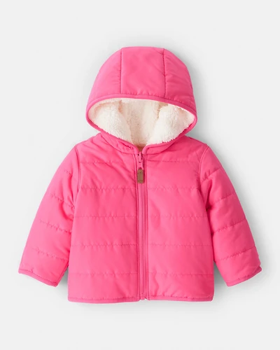 Baby Girl Sherpa-Lined Hooded Puffer Jacket - Pink