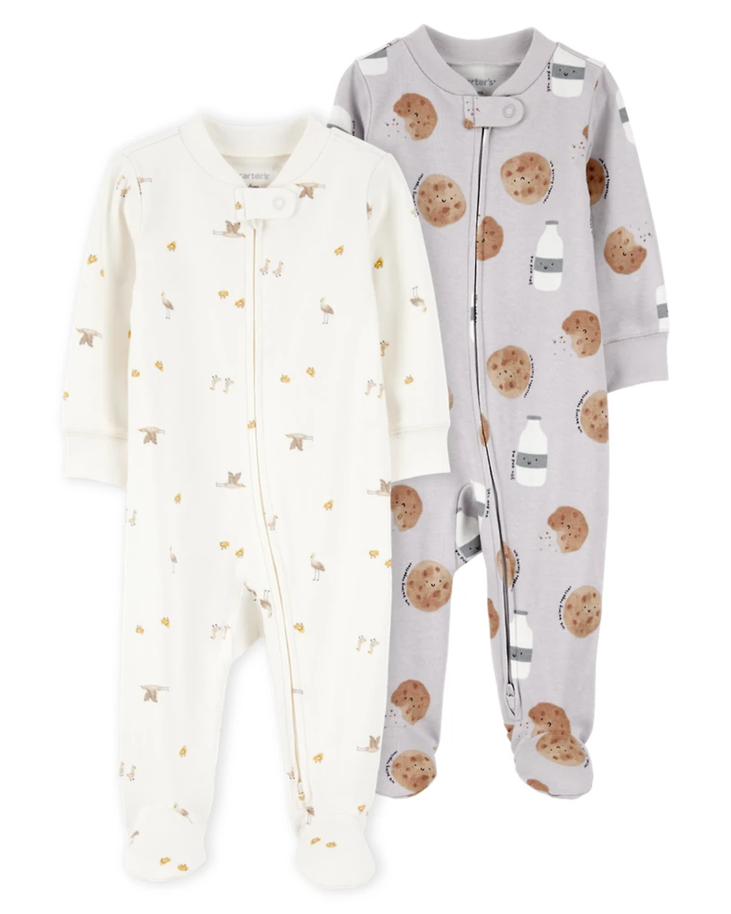 Baby 2-Pack  Cotton 2-Way Zip Sleep & Play Pajamas - Grey/Ivory