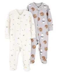 Baby 2-Pack  Cotton 2-Way Zip Sleep & Play Pajamas - Grey/Ivory