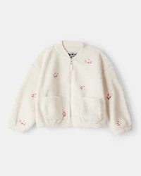 Toddler Girl Floral Sherpa Bomber Jacket - Ivory