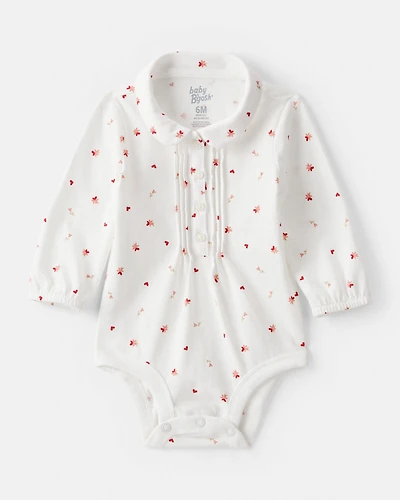 Baby Girl Floral Long-Sleeve Fashion Bodysuit - White