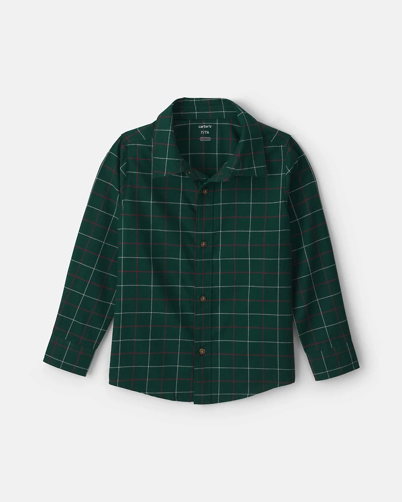 Boys Plaid Long-Sleeve Button-Down Shirt - Green