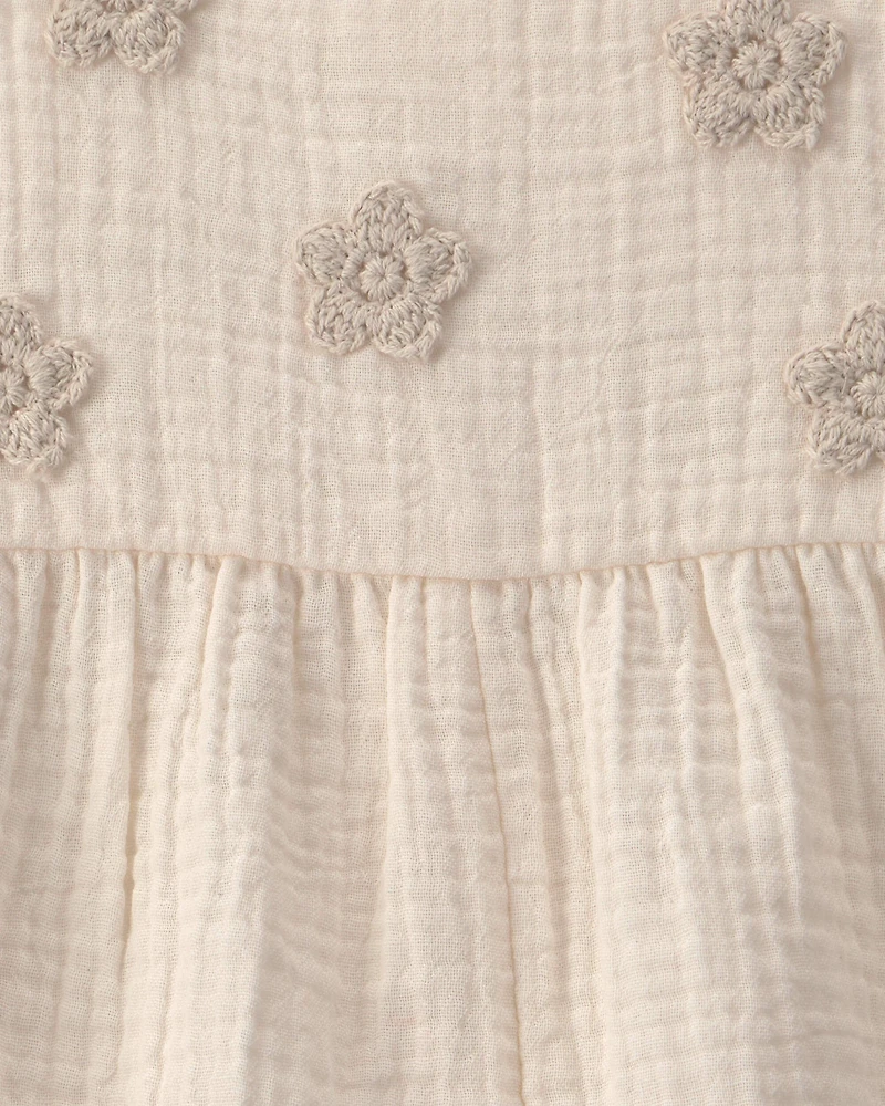 Baby Girl Flower Embroidered Romper - Ivory