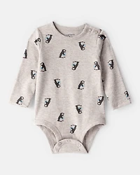 Baby Penguin Print Long-Sleeve Graphic Bodysuit - Grey
