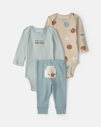 Baby Boy 3-Piece Milk & Cookies Long-Sleeve Bodysuit & Pant Set - Blue/Cream